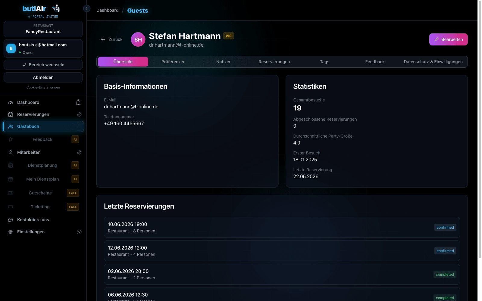 butlAIr Portal: Gastprofil mit VIP-Status, Besuchsstatistik und Reservierungshistorie