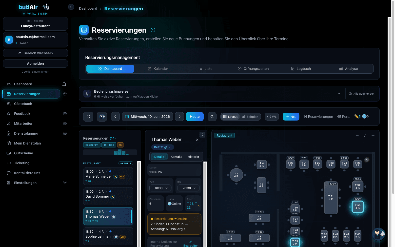 butlAIr Portal: Multi-Tisch-Kombination mit AI-Empfehlung im grafischen Tischplan