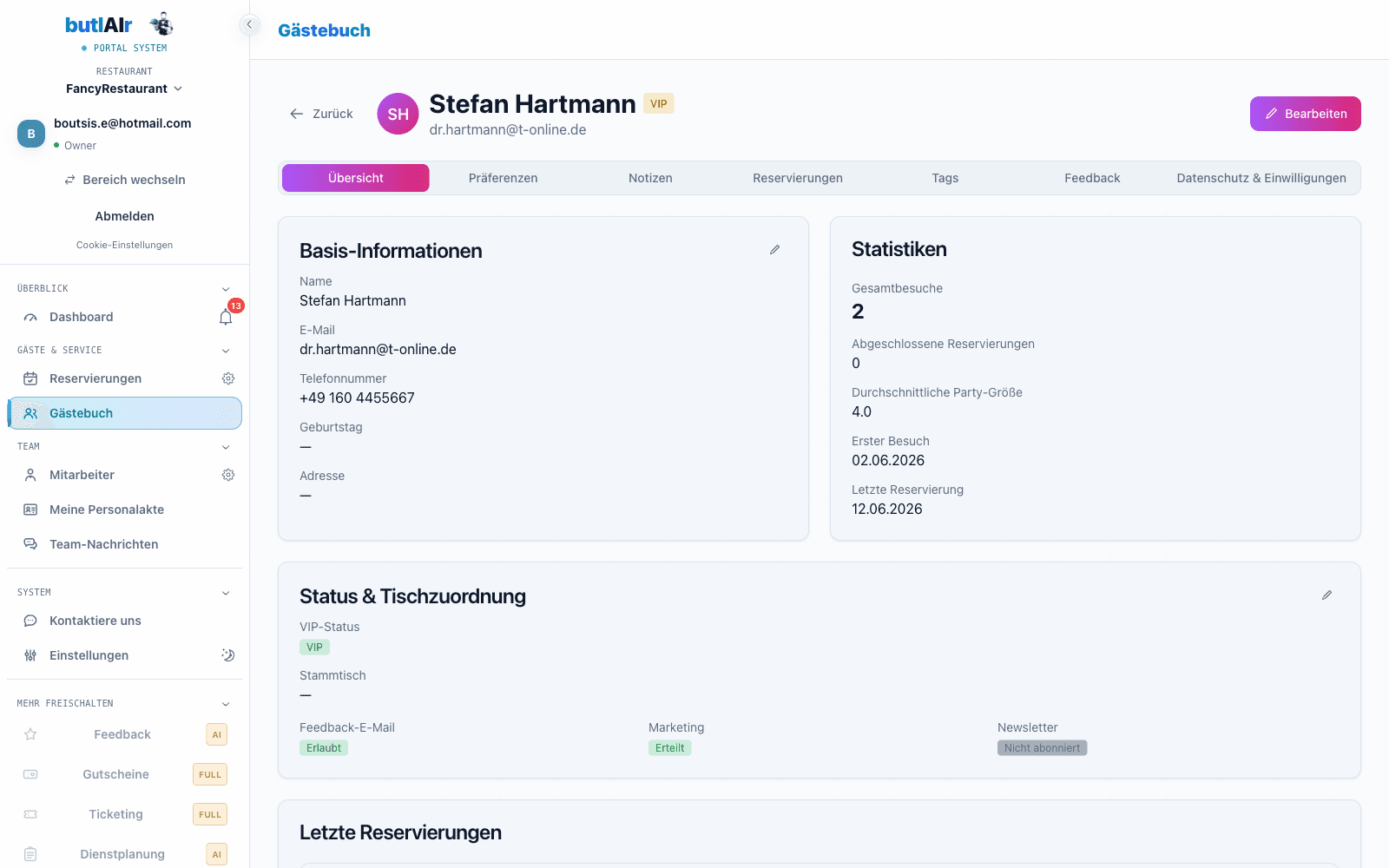 butlAIr Portal: Gastprofil mit VIP-Status, Besuchsstatistik und Reservierungshistorie