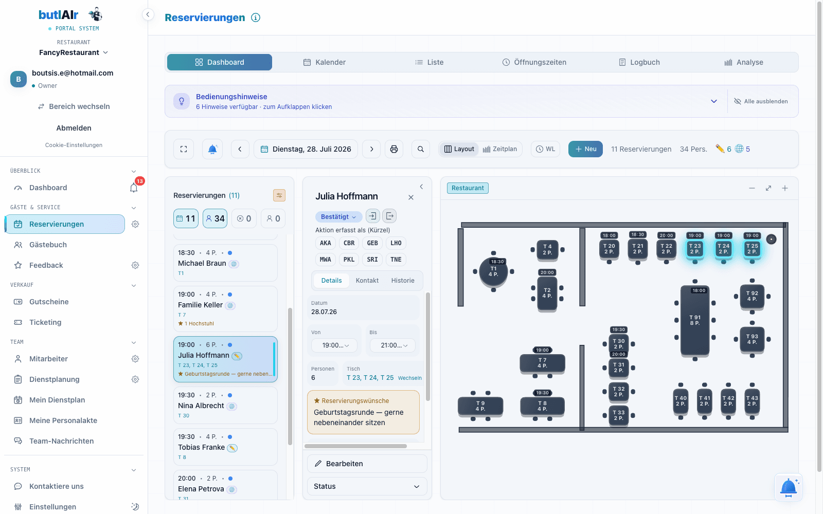 butlAIr Portal: Multi-Tisch-Kombination mit AI-Empfehlung im grafischen Tischplan