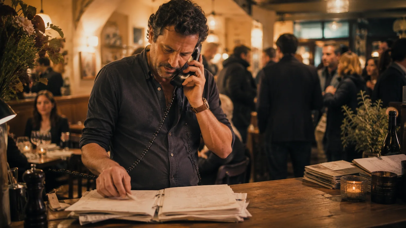 Gastronom telefoniert im vollen Restaurant und blättert dabei im handschriftlichen Reservierungsbuch